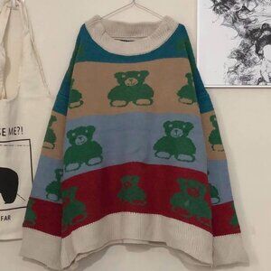 Cute Teddy Bear Colorblock Knit Sweater